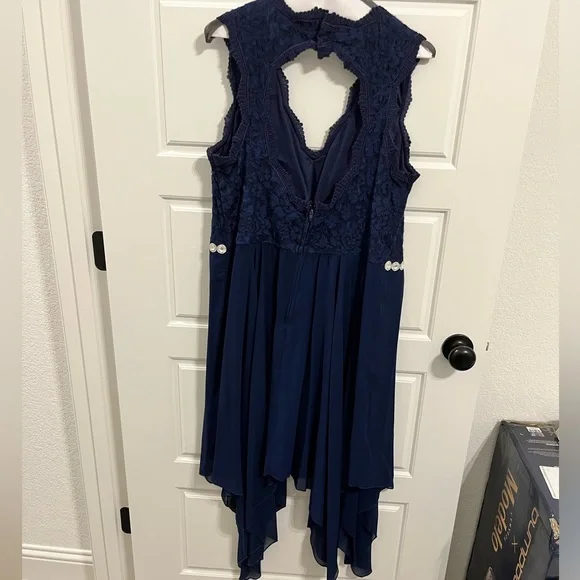 Plus Size Navy Blue Handkerchief / Asymmetrical Dress w Rhinestones Belted Front - Picture 2 of 6